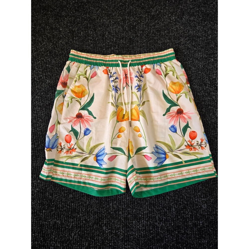 Manfinity Mens Floral Print Casual Shorts White Green Size L Elastic Drawstring